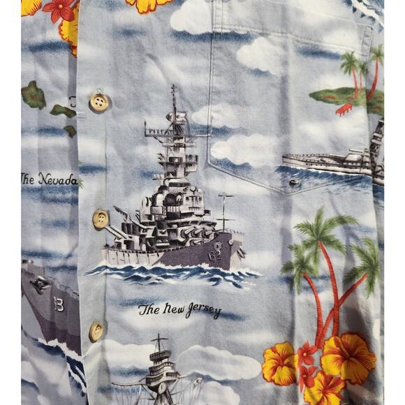 VTG Kalaheo Battleship Hawaiian Print Button Up Top XL Lightweight Short Sleeves - Picture 2 of 5